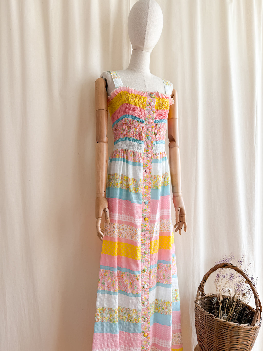 Beautiful 70s Cotton Seersucker Shirred Maxi Dress by Sundays Child
