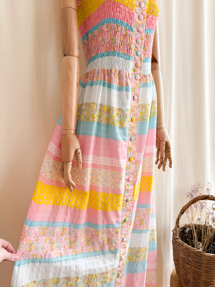 Beautiful 70s Cotton Seersucker Shirred Maxi Dress by Sundays Child