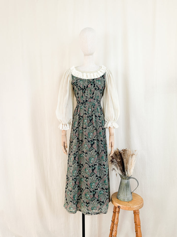 Stunning Rare 70s Floral and Lace Cotton Maxi Dress