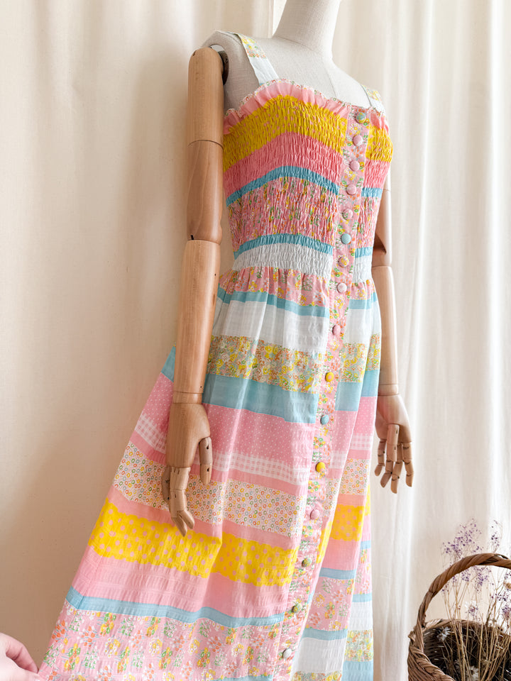 Beautiful 70s Cotton Seersucker Shirred Maxi Dress by Sundays Child