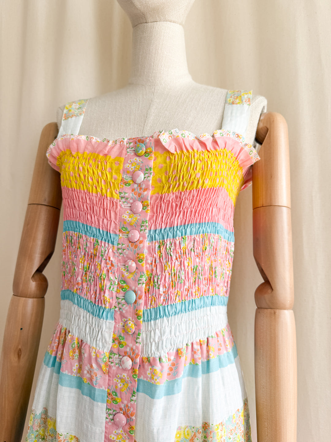 Beautiful 70s Cotton Seersucker Shirred Maxi Dress by Sundays Child
