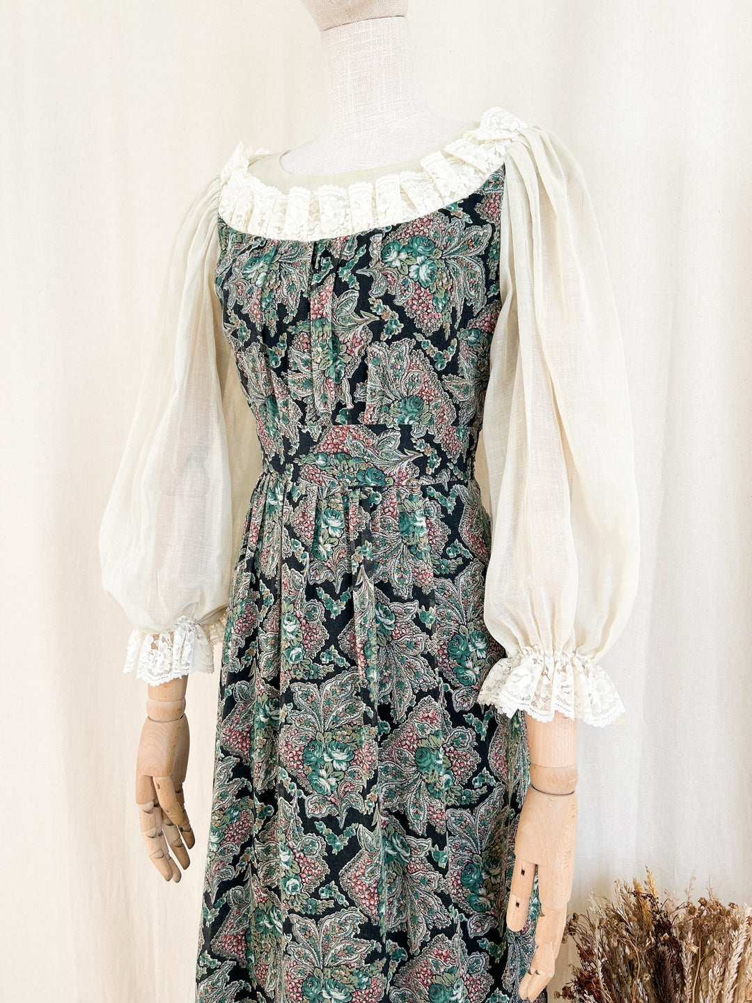 Stunning Rare 70s Floral and Lace Cotton Maxi Dress