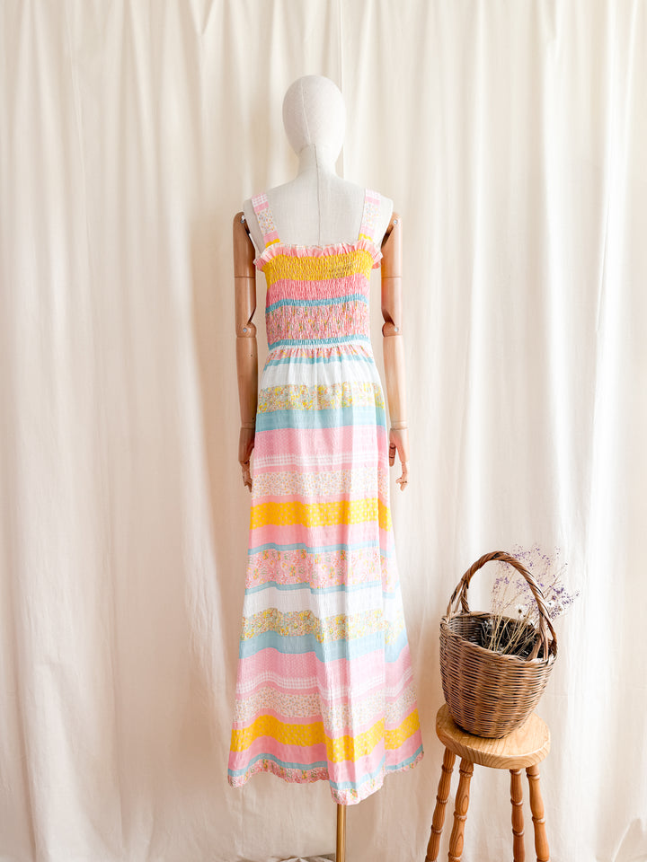 Beautiful 70s Cotton Seersucker Shirred Maxi Dress by Sundays Child