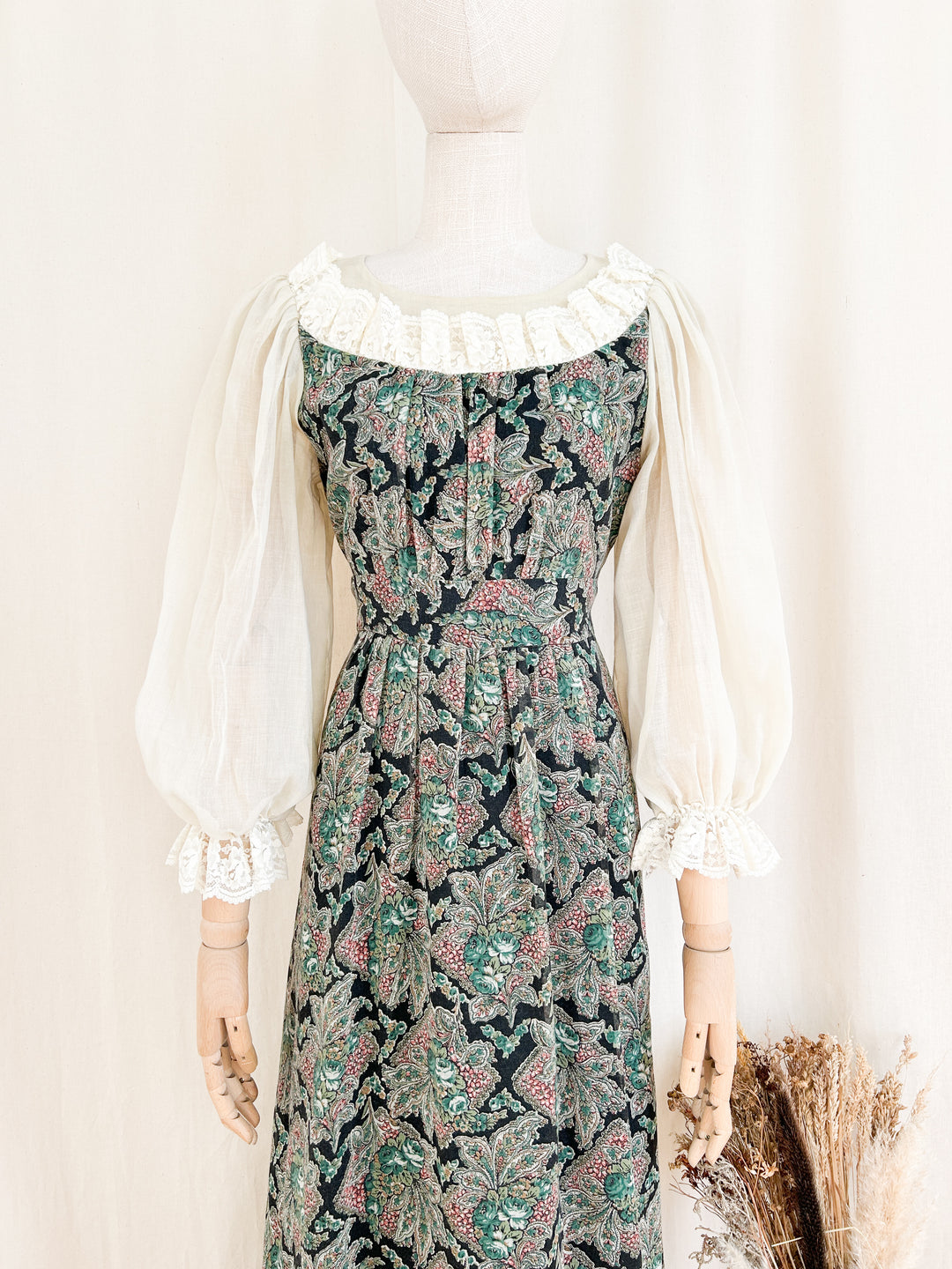 Stunning Rare 70s Floral and Lace Cotton Maxi Dress