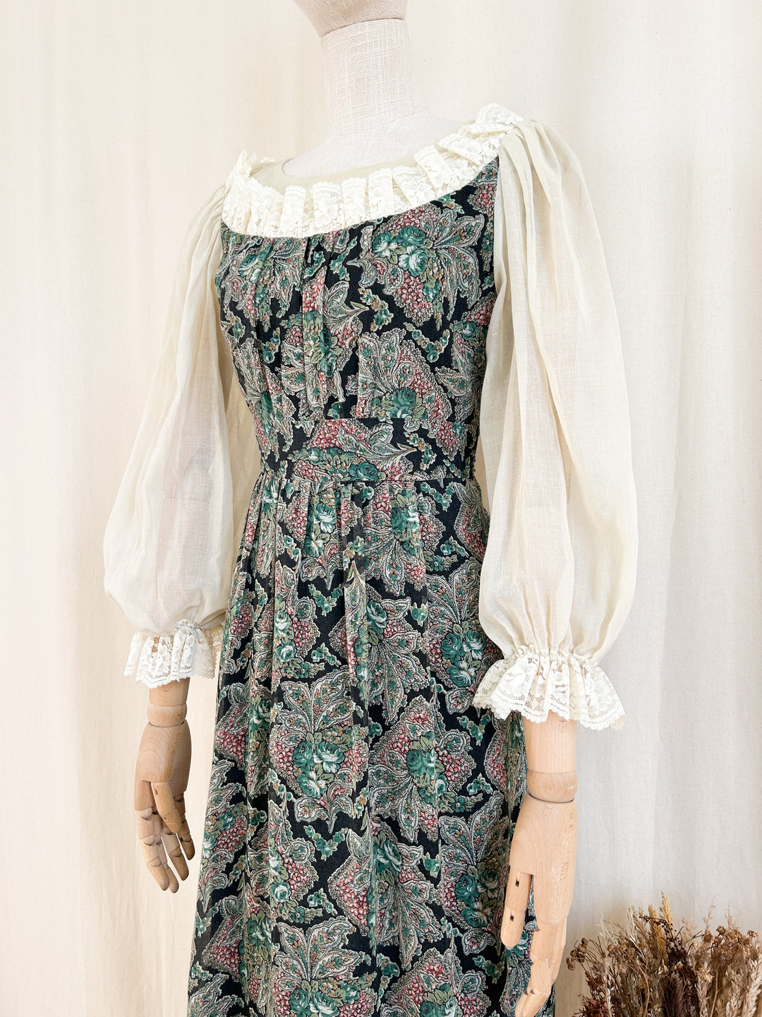 Stunning Rare 70s Floral and Lace Cotton Maxi Dress