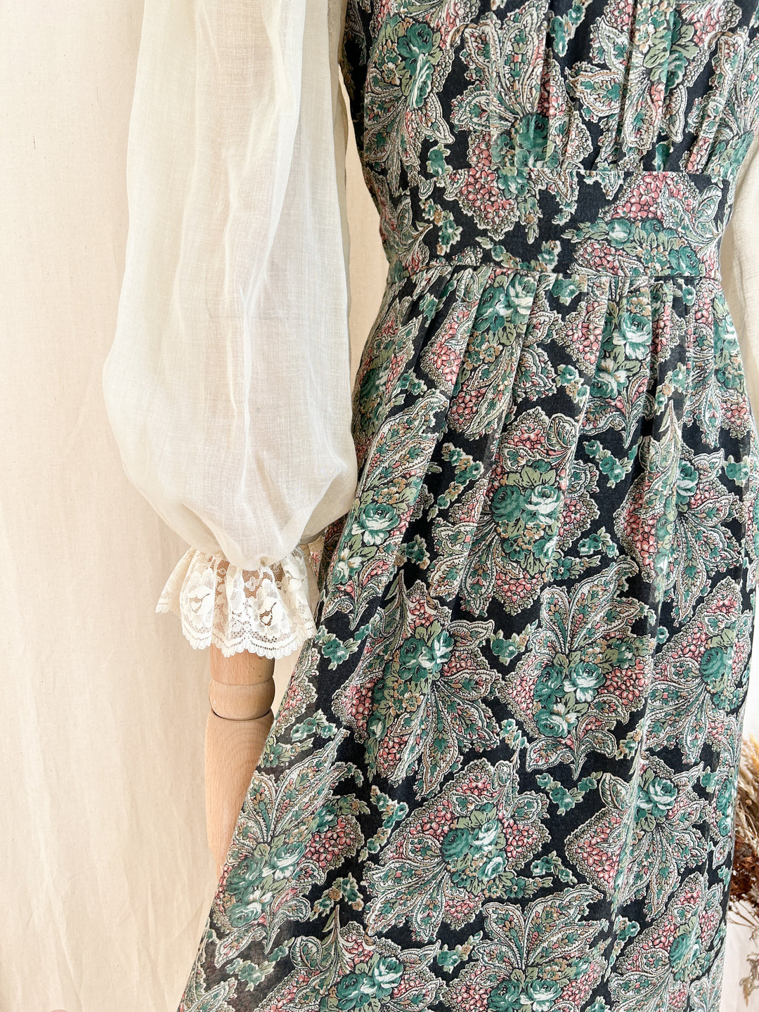 Stunning Rare 70s Floral and Lace Cotton Maxi Dress