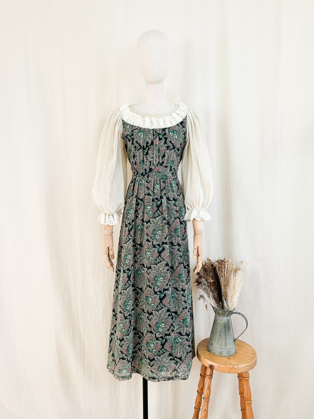 Stunning Rare 70s Floral and Lace Cotton Maxi Dress