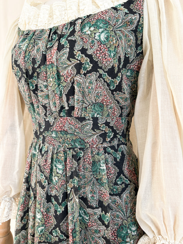 Stunning Rare 70s Floral and Lace Cotton Maxi Dress