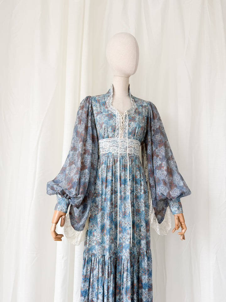 Holy Grail Precious 1970s Bohemian Lace Trimmed Cotton Corset Maxi Dress