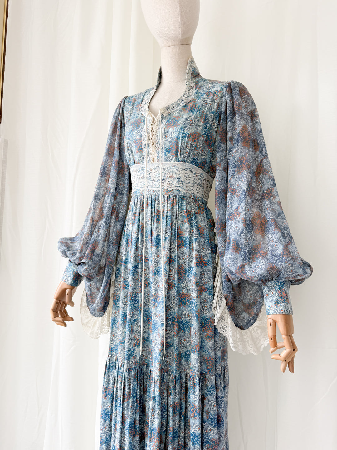 Holy Grail Precious 1970s Bohemian Lace Trimmed Cotton Corset Maxi Dress