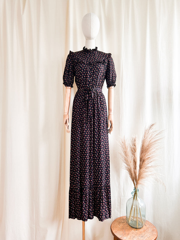 Stunning 1970s Black and Red Cotton Prairie Dress