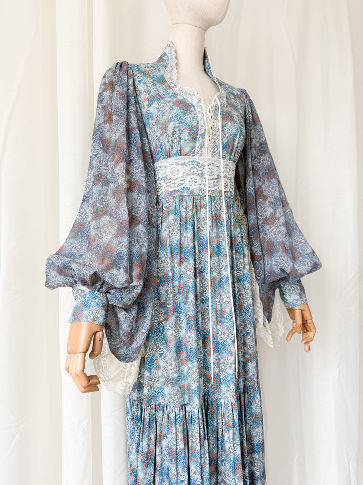 Holy Grail Precious 1970s Bohemian Lace Trimmed Cotton Corset Maxi Dress