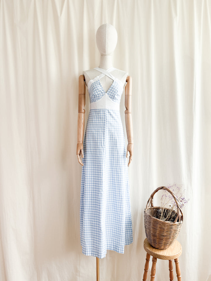 Incredible 70s Baby Blue Gingham Cotton Maxi Dress by Zanie