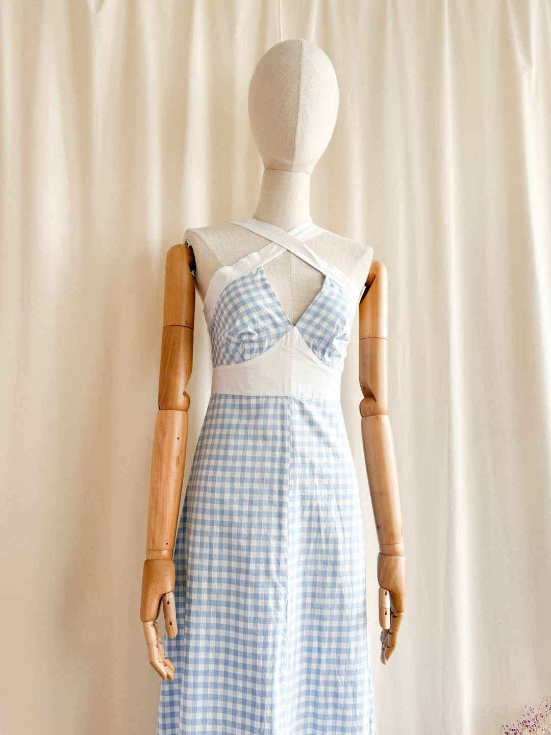 Incredible 70s Baby Blue Gingham Cotton Maxi Dress by Zanie