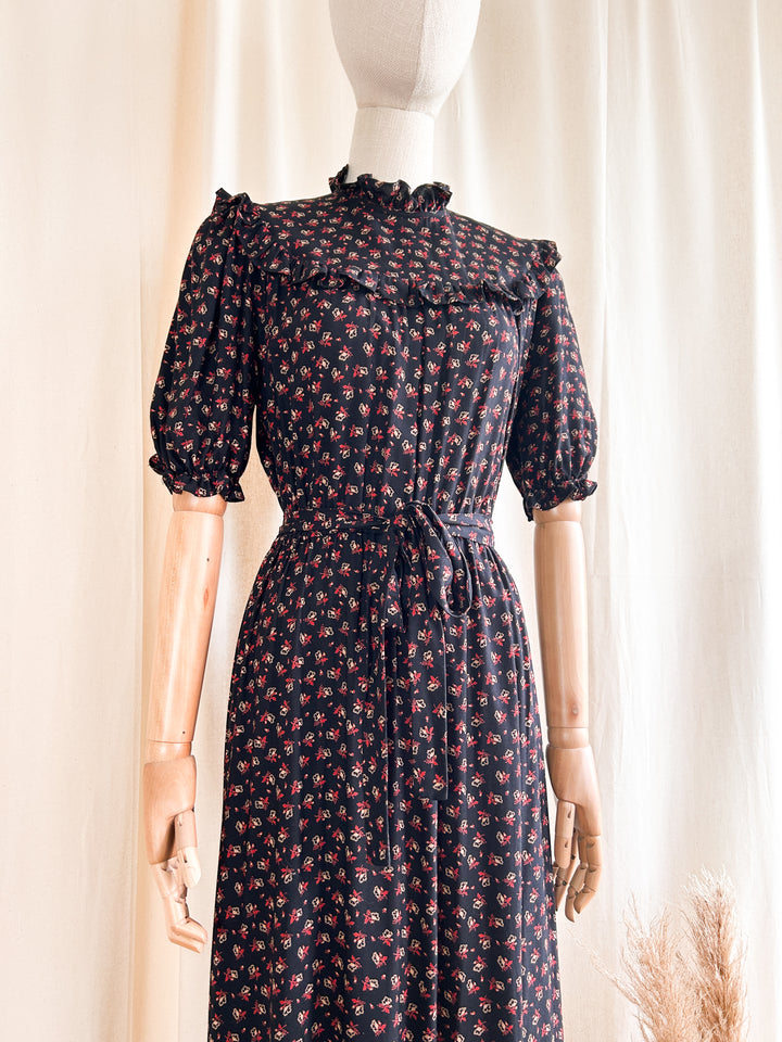 Stunning 1970s Black and Red Cotton Prairie Dress