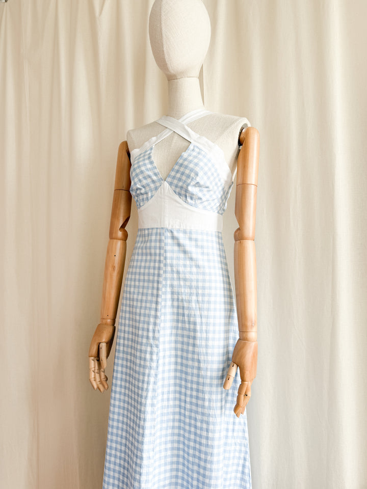 Incredible 70s Baby Blue Gingham Cotton Maxi Dress by Zanie