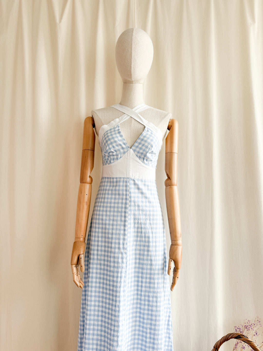Incredible 70s Baby Blue Gingham Cotton Maxi Dress by Zanie