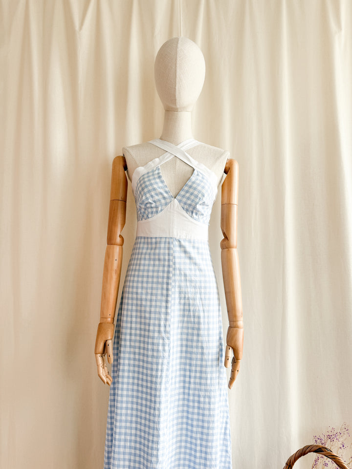 Incredible 70s Baby Blue Gingham Cotton Maxi Dress by Zanie