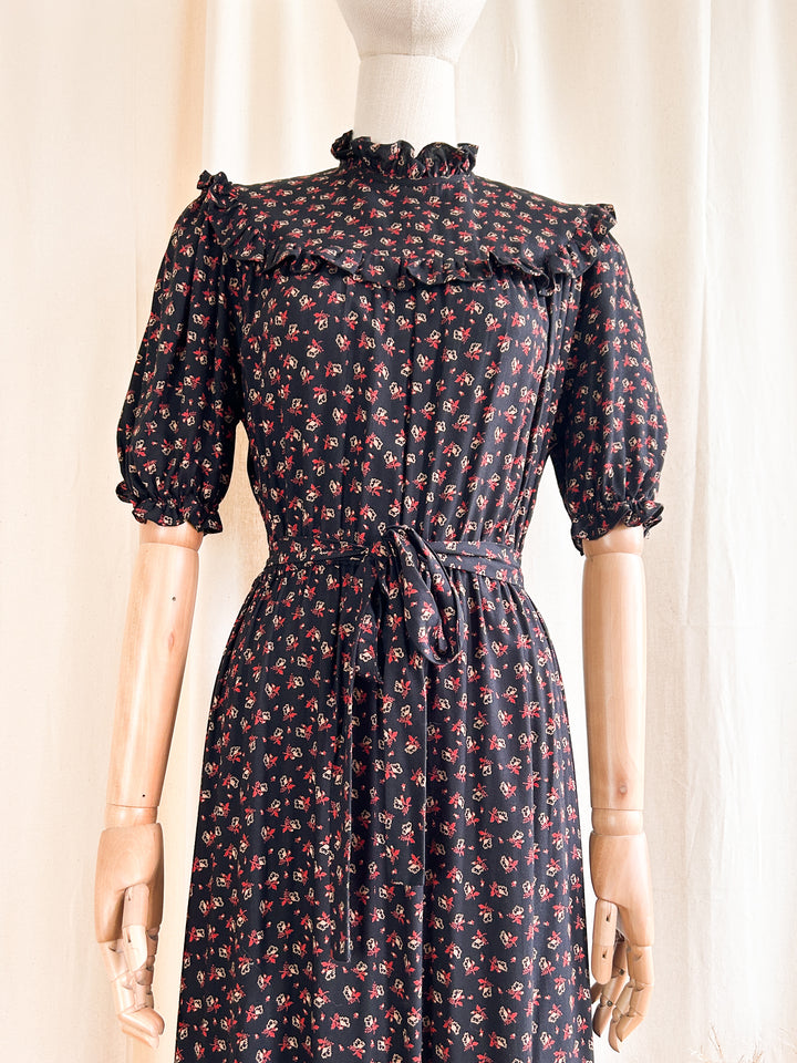 Stunning 1970s Black and Red Cotton Prairie Dress