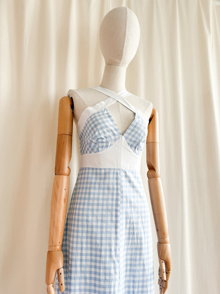 Incredible 70s Baby Blue Gingham Cotton Maxi Dress by Zanie