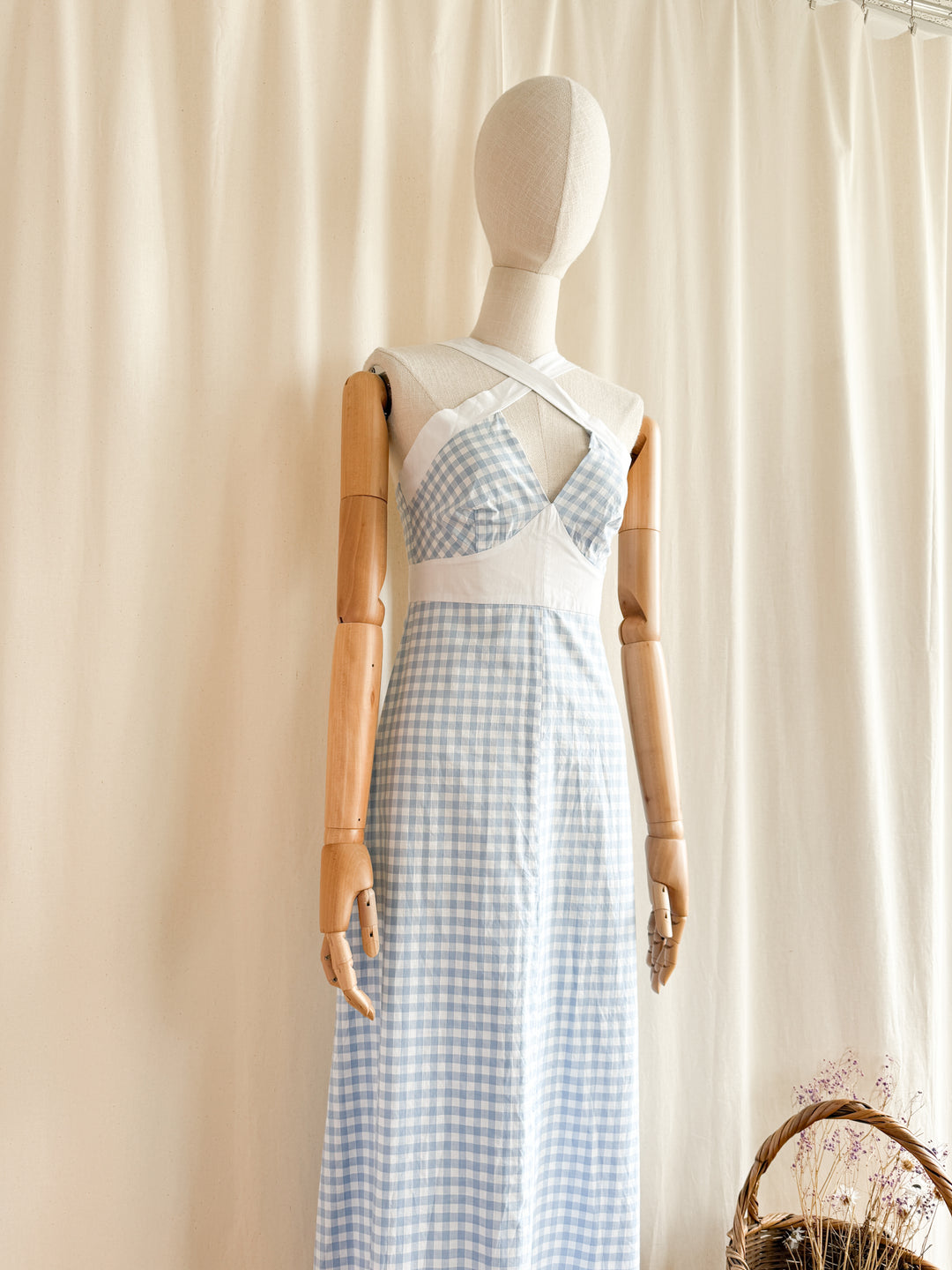 Incredible 70s Baby Blue Gingham Cotton Maxi Dress by Zanie