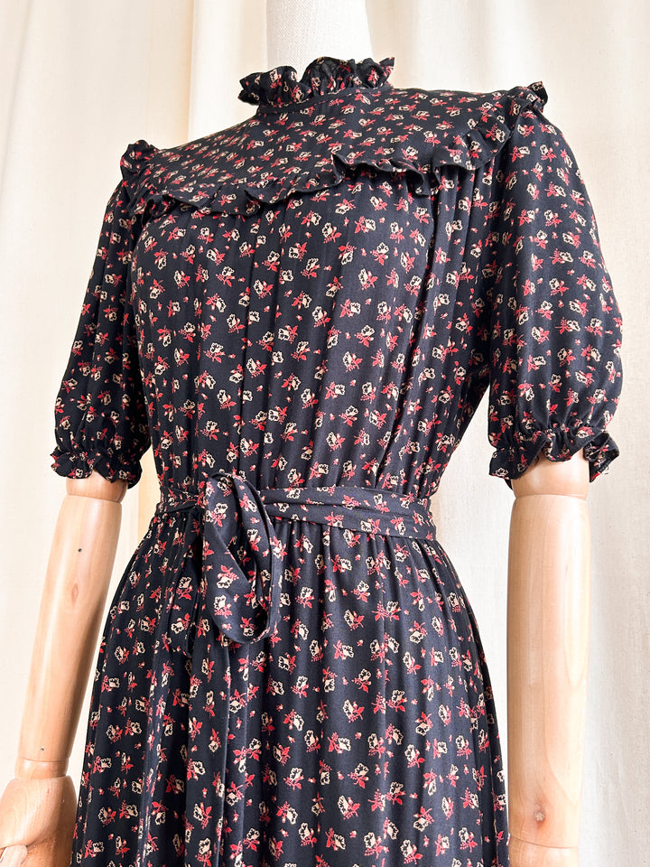 Stunning 1970s Black and Red Cotton Prairie Dress