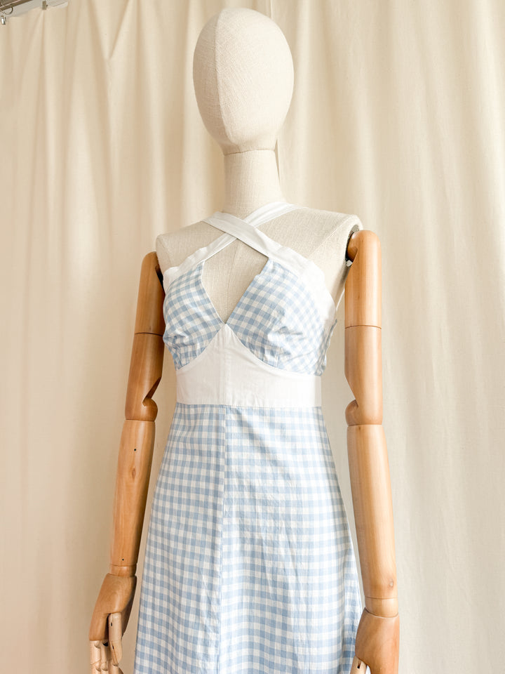 Incredible 70s Baby Blue Gingham Cotton Maxi Dress by Zanie