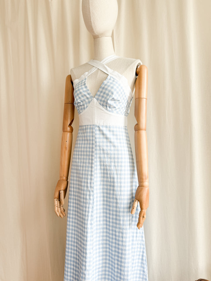 Incredible 70s Baby Blue Gingham Cotton Maxi Dress by Zanie