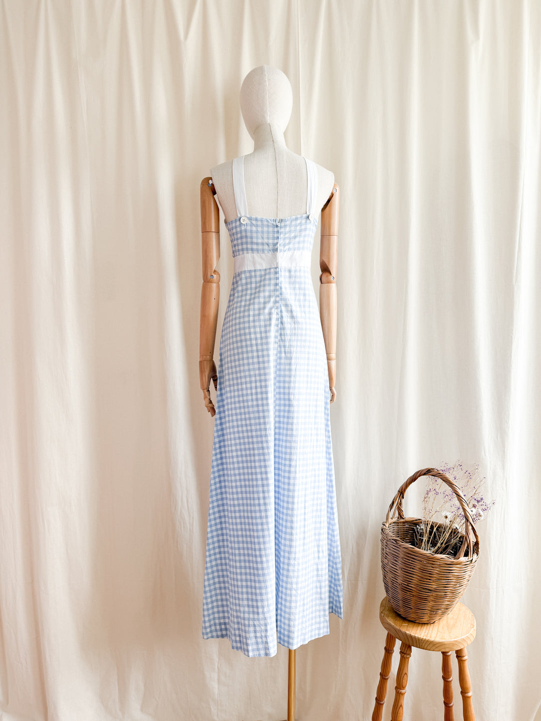Incredible 70s Baby Blue Gingham Cotton Maxi Dress by Zanie