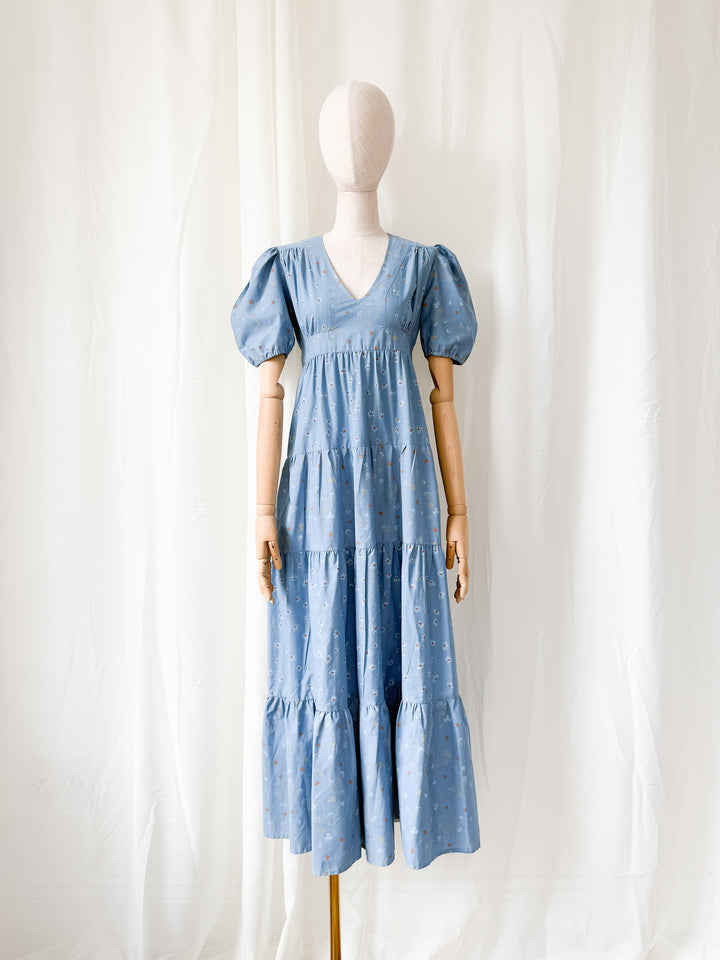 Beautiful Rare 1970s Dorothy Perkins Blue Floral Cotton Maxi Dress