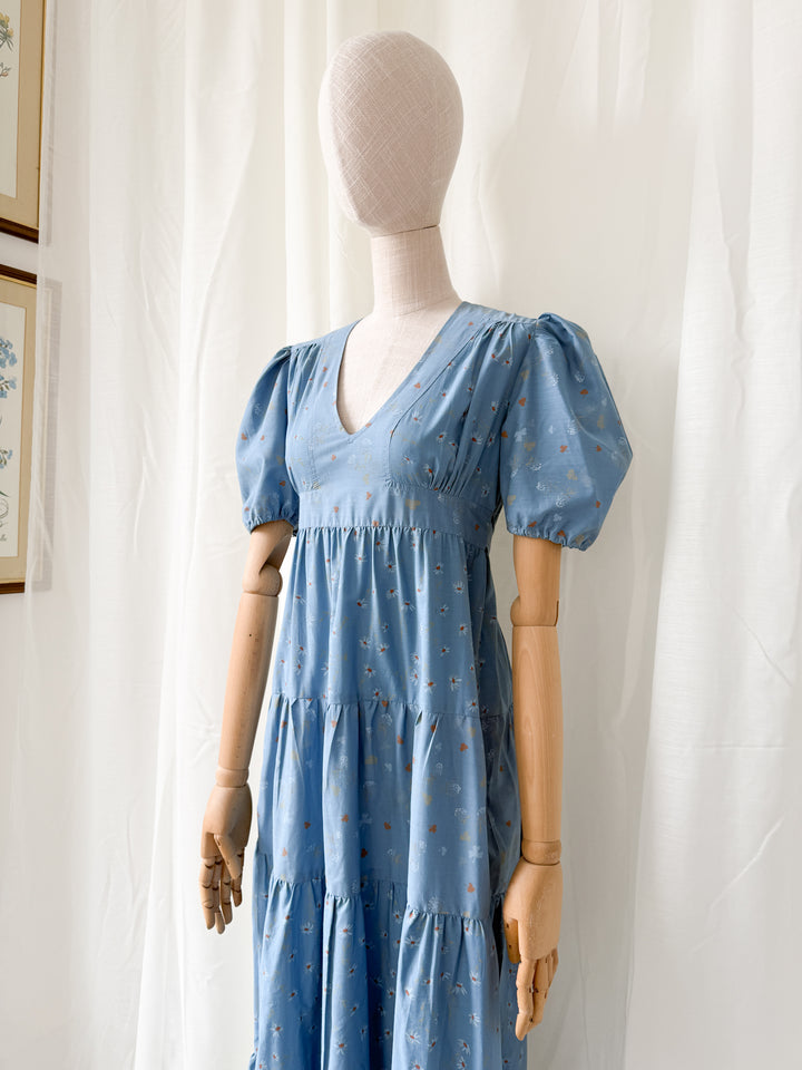 Beautiful Rare 1970s Dorothy Perkins Blue Floral Cotton Maxi Dress