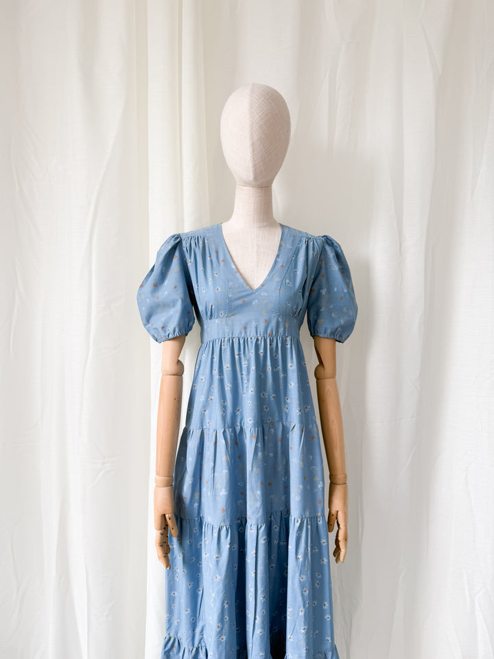 Beautiful Rare 1970s Dorothy Perkins Blue Floral Cotton Maxi Dress
