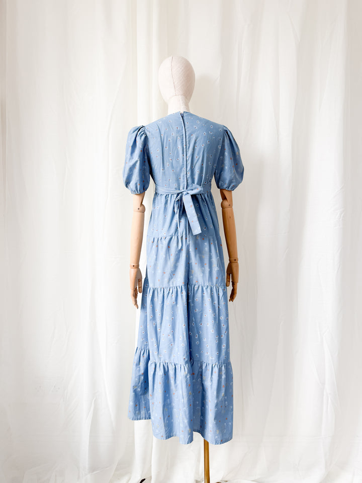 Beautiful Rare 1970s Dorothy Perkins Blue Floral Cotton Maxi Dress