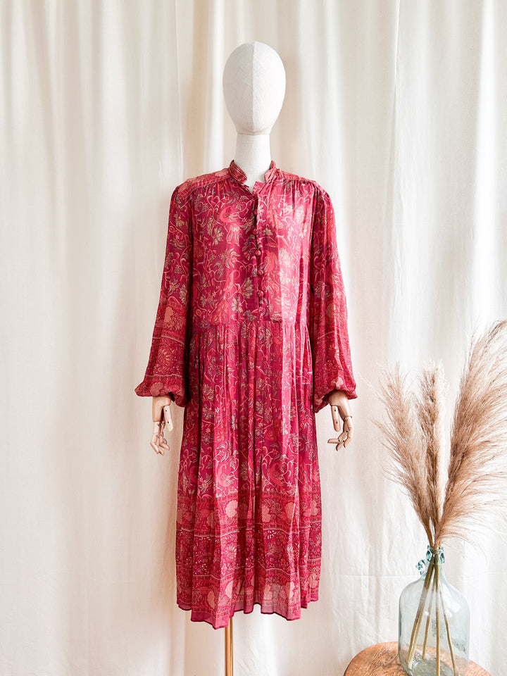 Breathtaking Precious 1970s Ritu Kumar Indian Fine Block Print Silk Midi Dress