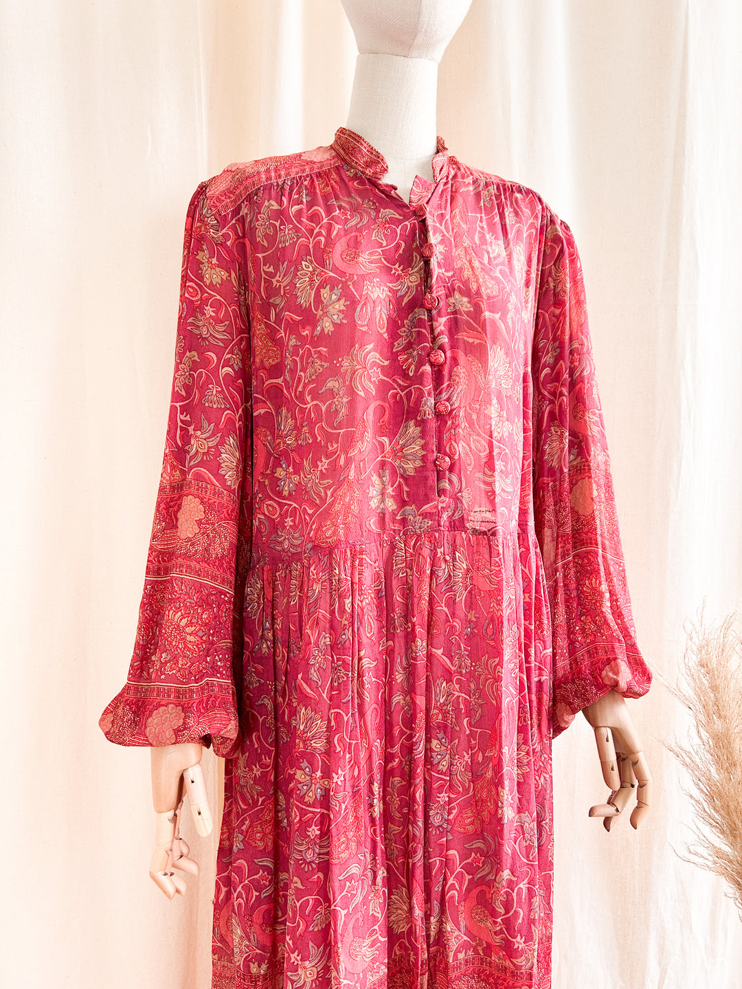 Breathtaking Precious 1970s Ritu Kumar Indian Fine Block Print Silk Midi Dress