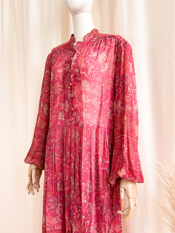 Breathtaking Precious 1970s Ritu Kumar Indian Fine Block Print Silk Midi Dress