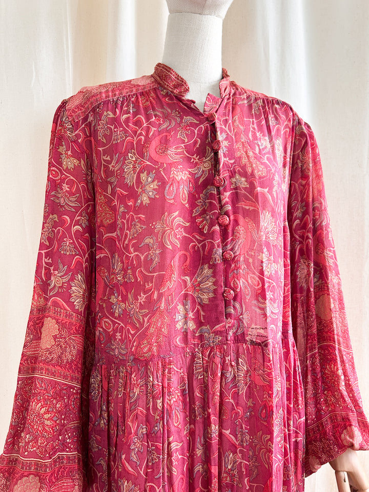 Breathtaking Precious 1970s Ritu Kumar Indian Fine Block Print Silk Midi Dress