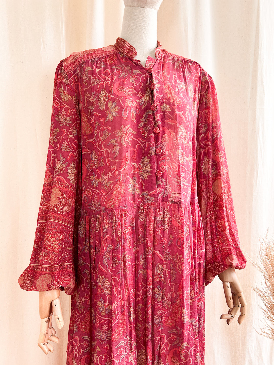 Breathtaking Precious 1970s Ritu Kumar Indian Fine Block Print Silk Midi Dress