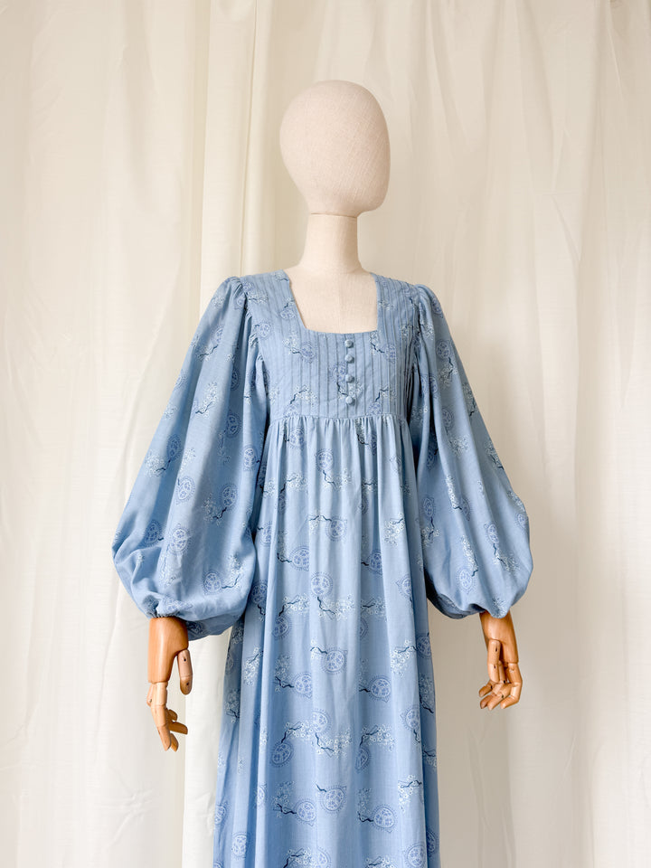 Divine Ethereal Rare 1970s Billowing Sleeve Blue Cotton Maxi Dress