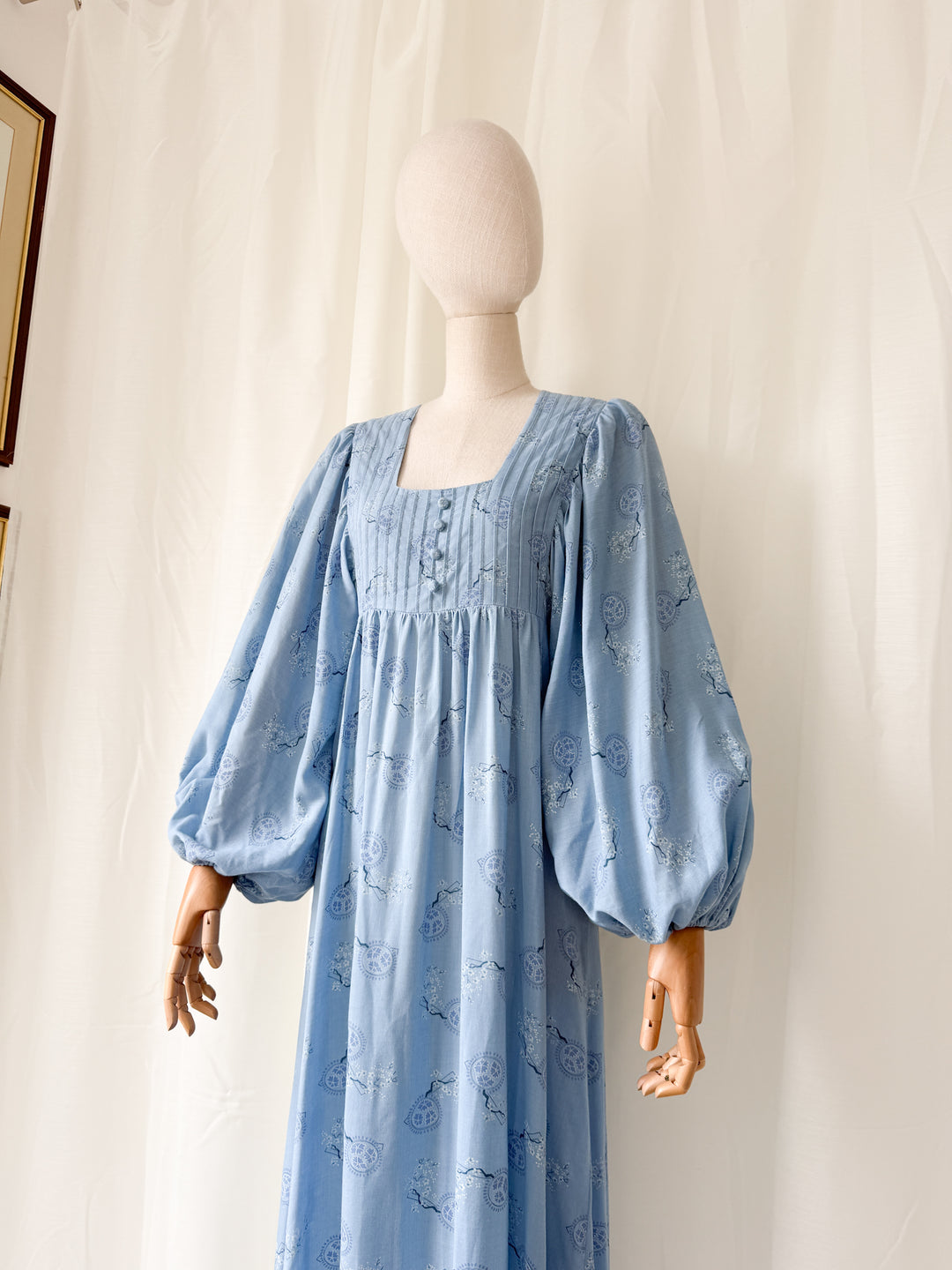 Divine Ethereal Rare 1970s Billowing Sleeve Blue Cotton Maxi Dress