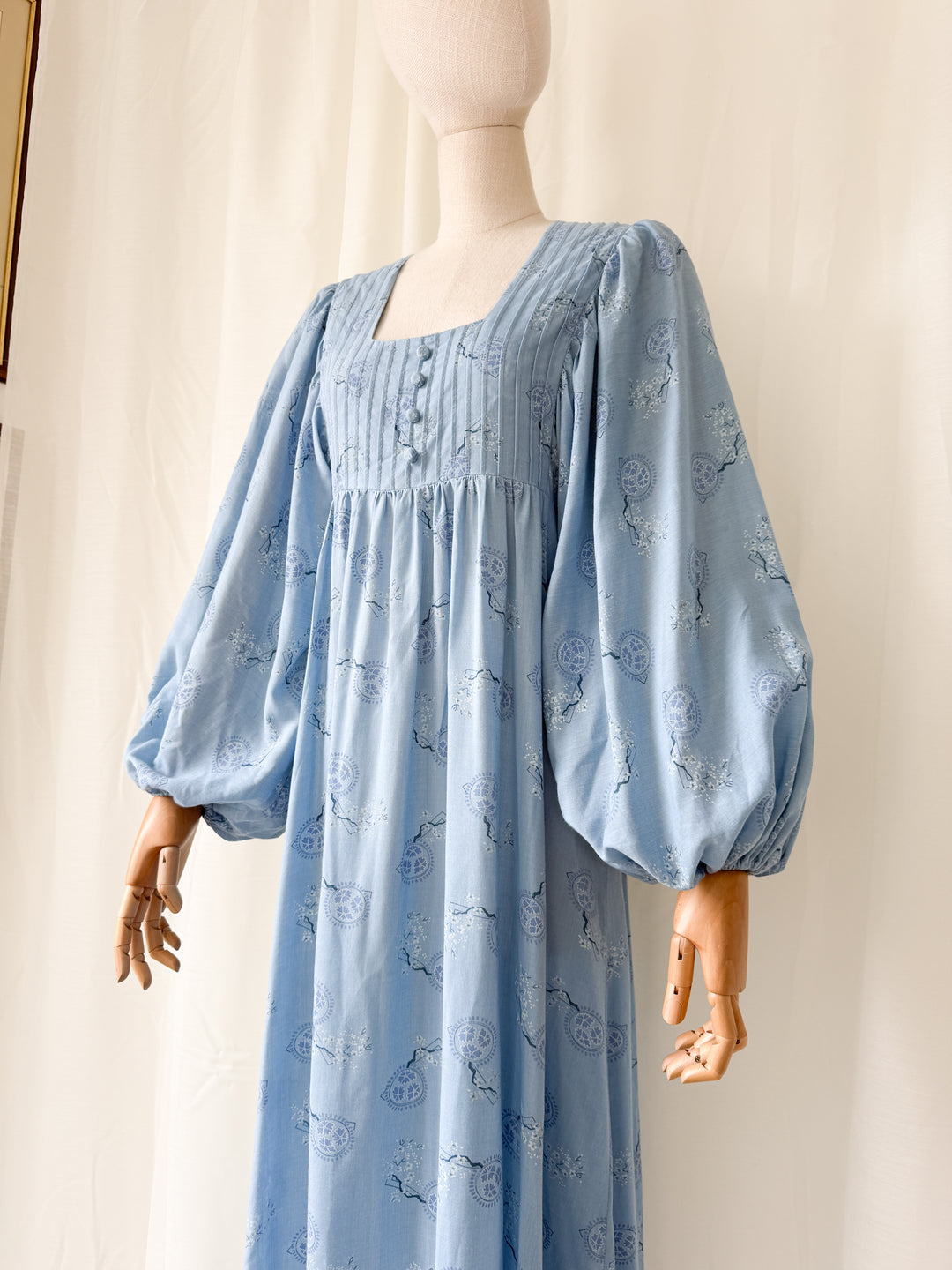 Divine Ethereal Rare 1970s Billowing Sleeve Blue Cotton Maxi Dress