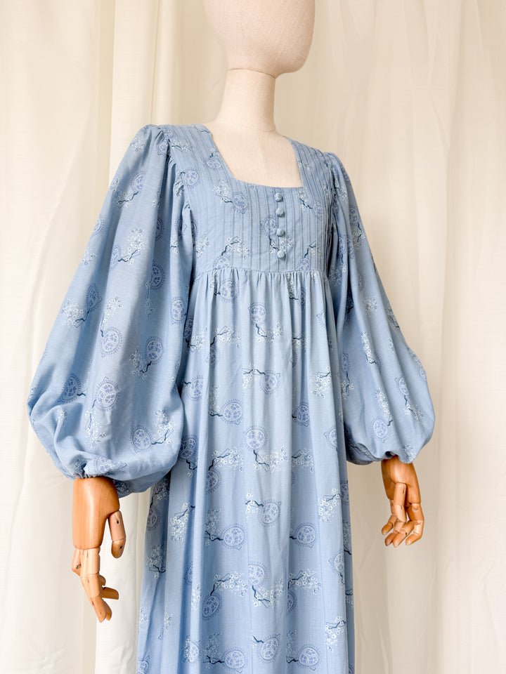 Divine Ethereal Rare 1970s Billowing Sleeve Blue Cotton Maxi Dress
