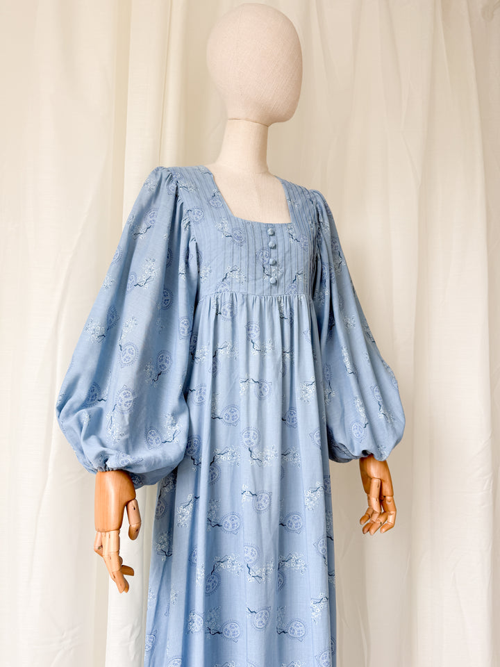 Divine Ethereal Rare 1970s Billowing Sleeve Blue Cotton Maxi Dress