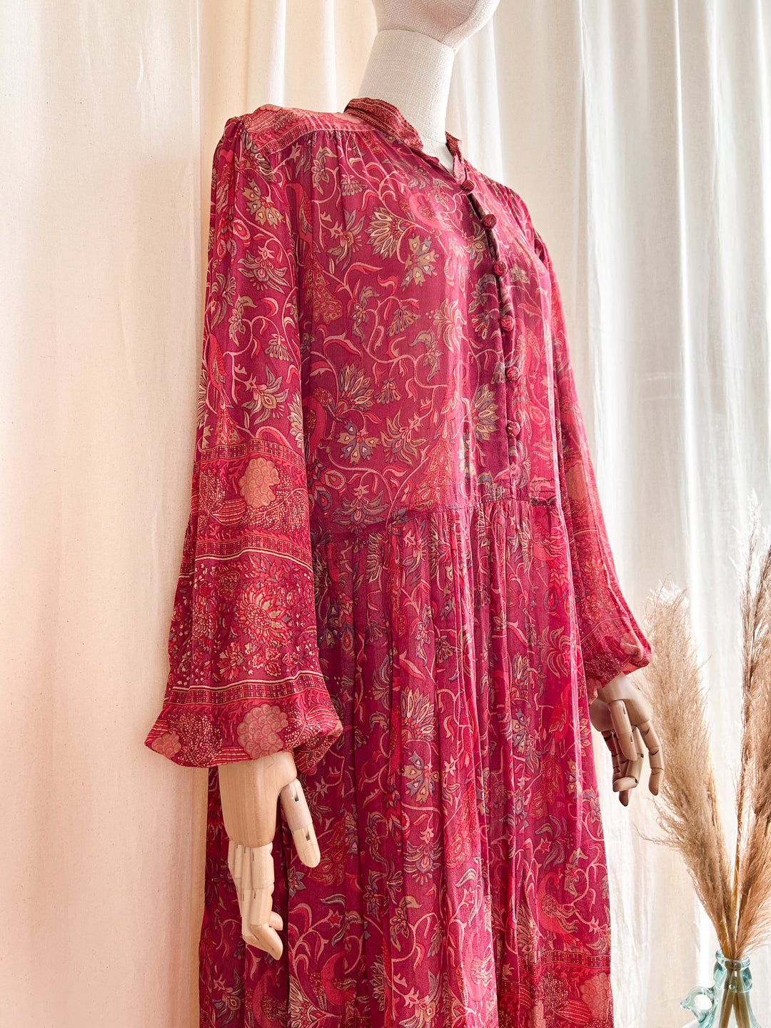 Breathtaking Precious 1970s Ritu Kumar Indian Fine Block Print Silk Midi Dress