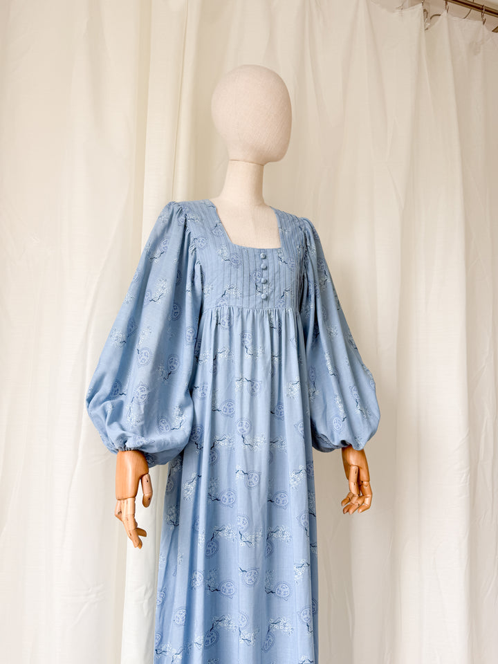 Divine Ethereal Rare 1970s Billowing Sleeve Blue Cotton Maxi Dress