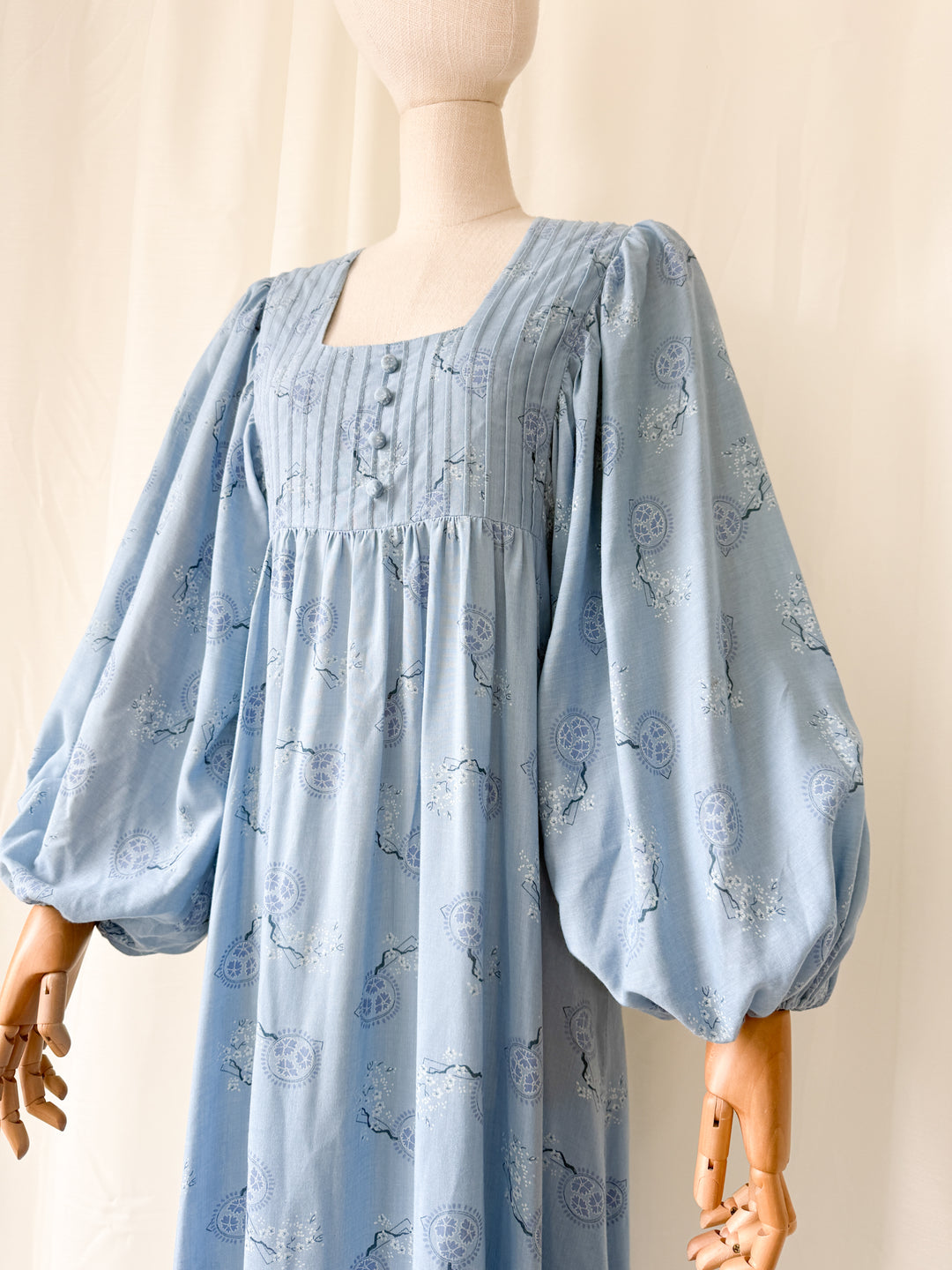 Divine Ethereal Rare 1970s Billowing Sleeve Blue Cotton Maxi Dress
