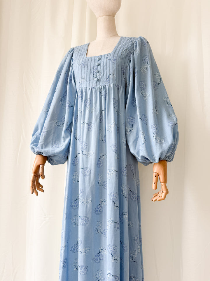 Divine Ethereal Rare 1970s Billowing Sleeve Blue Cotton Maxi Dress