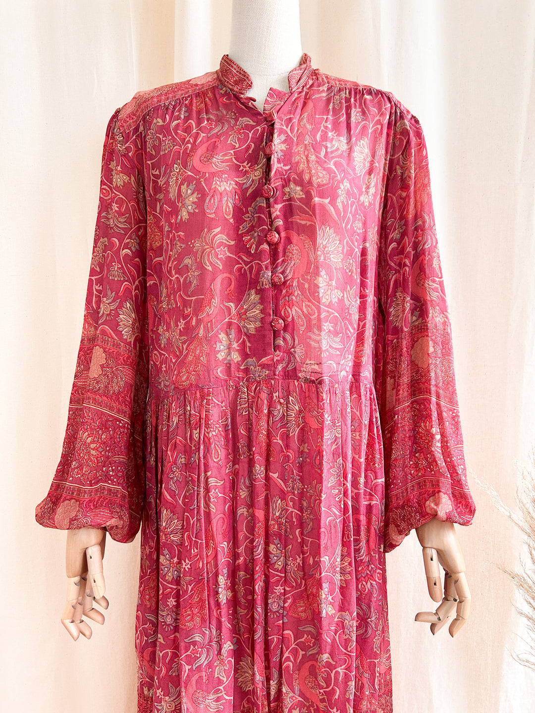 Breathtaking Precious 1970s Ritu Kumar Indian Fine Block Print Silk Midi Dress