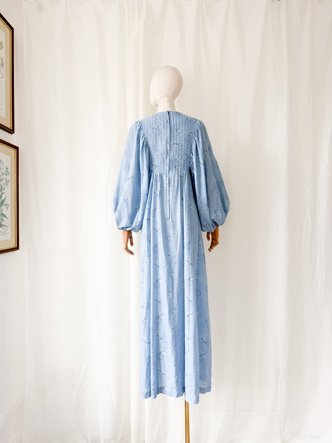 Divine Ethereal Rare 1970s Billowing Sleeve Blue Cotton Maxi Dress