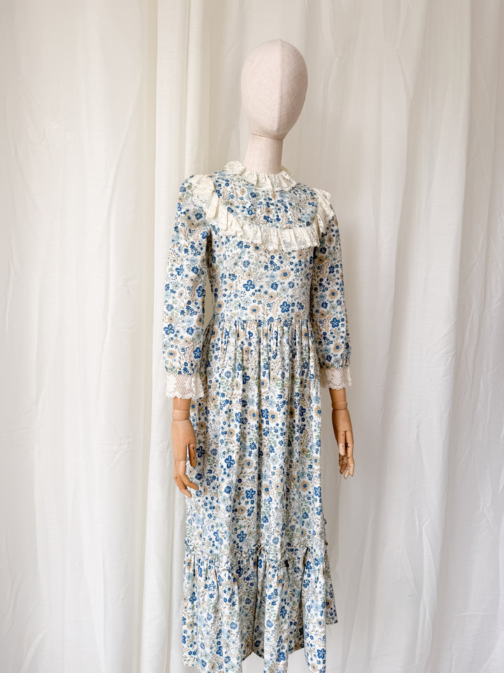 Beautiful Rare One of a Kind 1970s Lace Trimmed Cotton Midaxi Dress